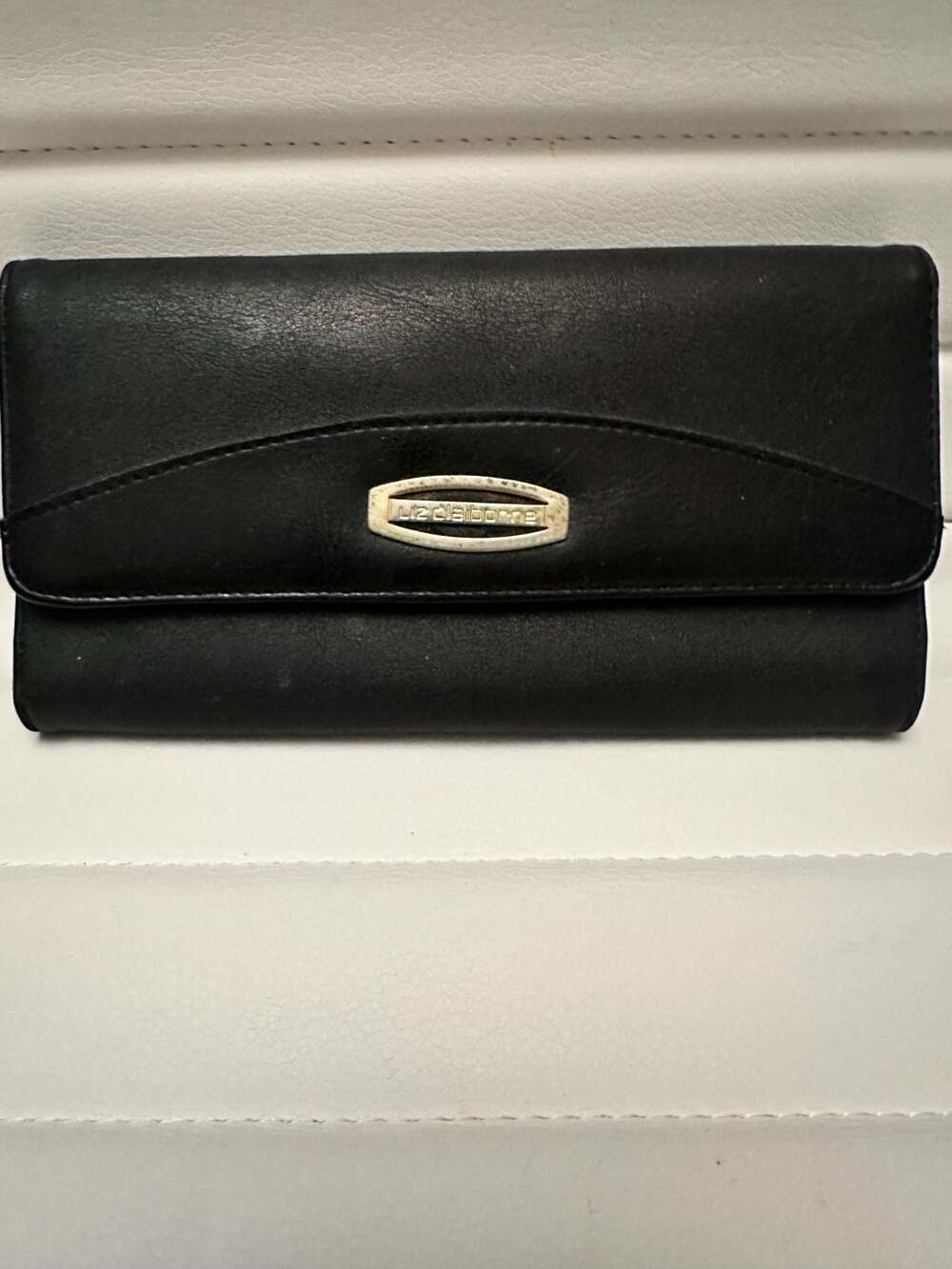 Liz Claiborne Black Faux Leather Trifold Checkbook Wallet with Logo Plaque